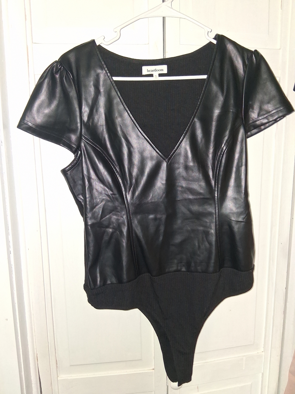 heartloom Black Faux Leather V-Neck Bodysuit Top